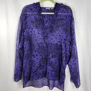 Chicos 1 Purple Black Print Hoodie Tunic Top Womens 8-10 Boho Travel Vacation‎